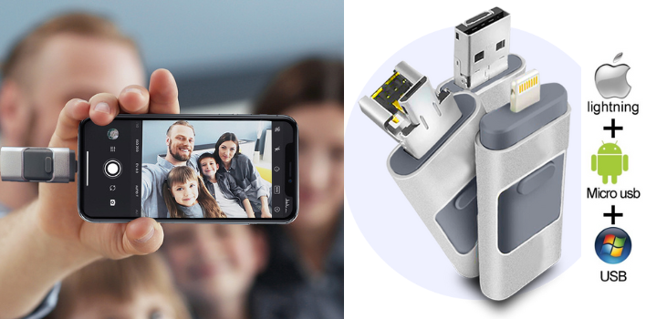 Collage of a man taking a selfie taking advantage the amazing features of Phoxfer stick and on the left the product displayed on white background